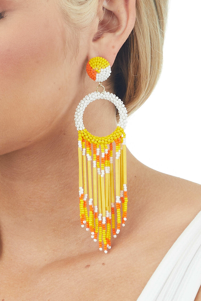 Amber and Off White Seed Bead Dangle Earrings