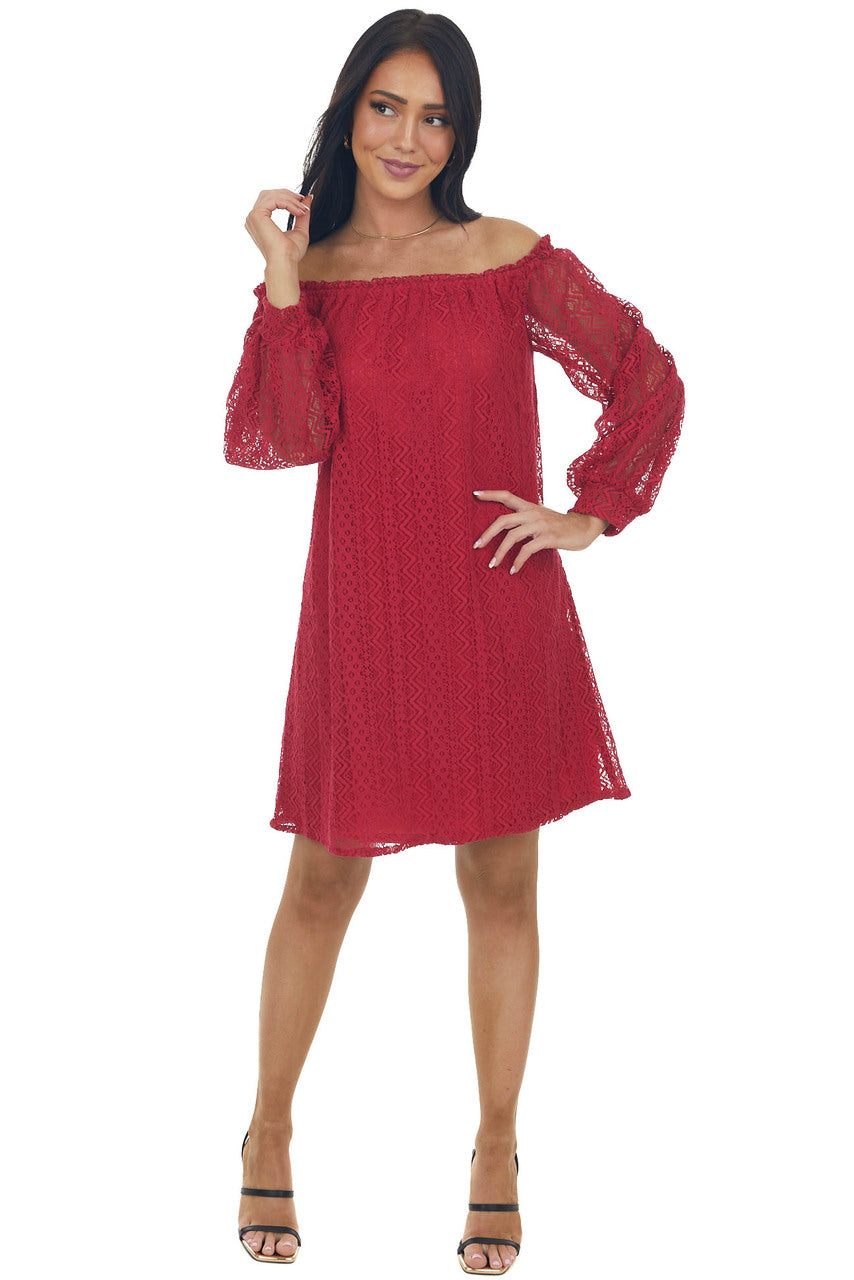 Crimson Off the Shoulder Lace Short Dress