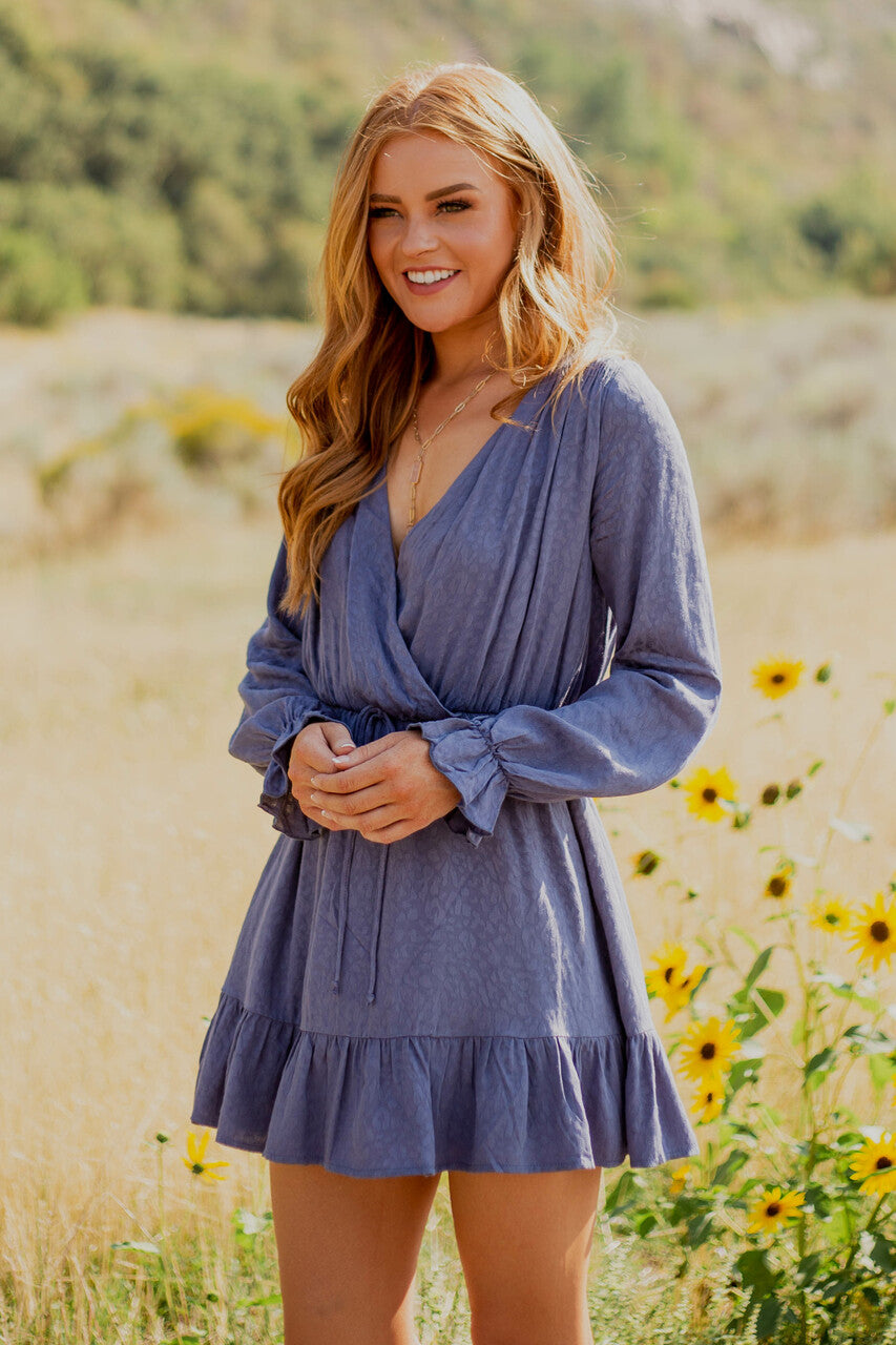 Slate Blue Leopard Print Surplice Mini Dress 