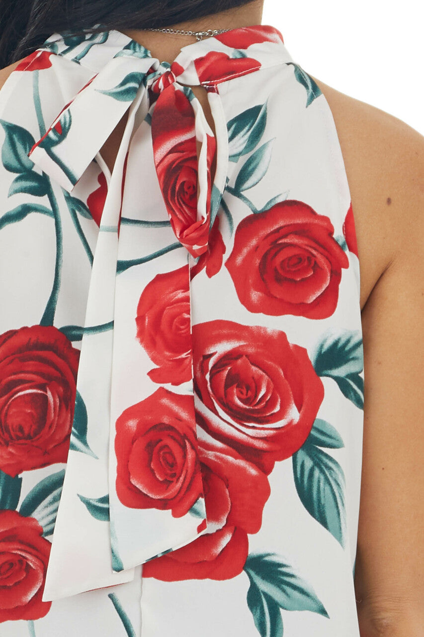 Ivory Floral Halter Neck Sleeveless Blouse with Tie Closure