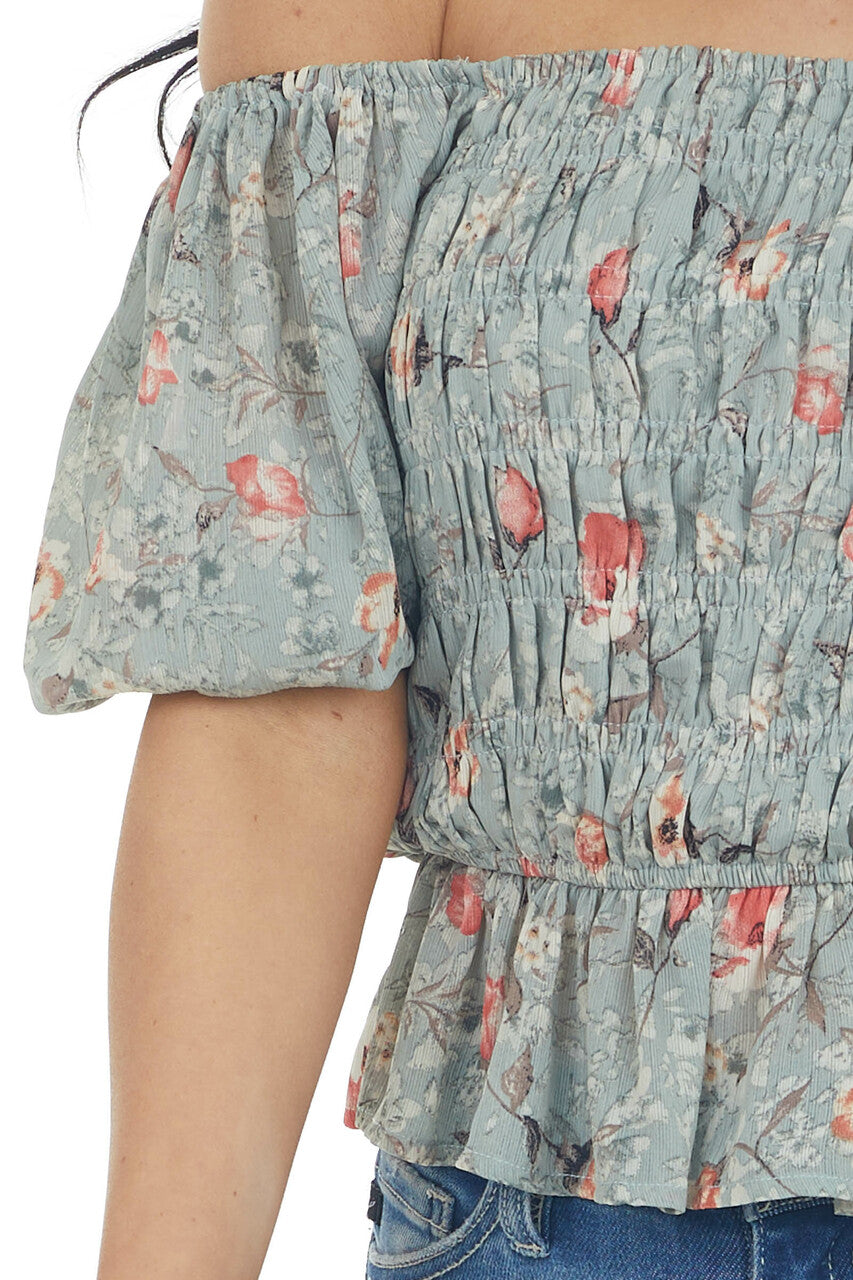 Sage Floral Print Short Sleeve Blouse with Smocked Details
