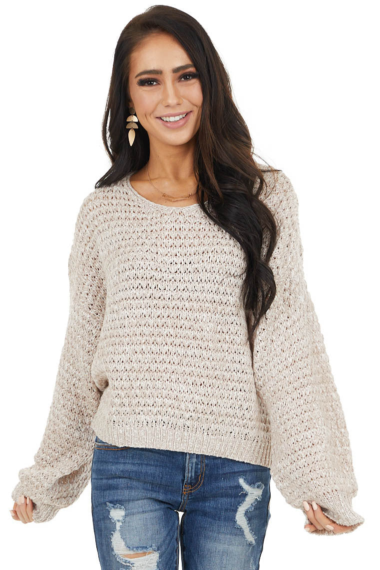 Dusty Rose Two Tone Loose Knit Sweater with Bubble Sleeves