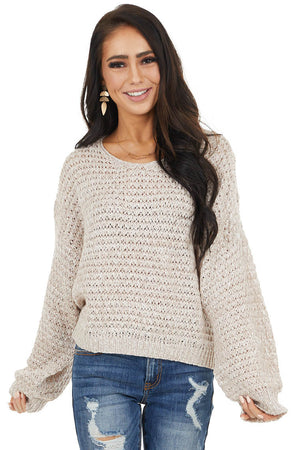 Dusty Rose Two Tone Loose Knit Sweater with Bubble Sleeves