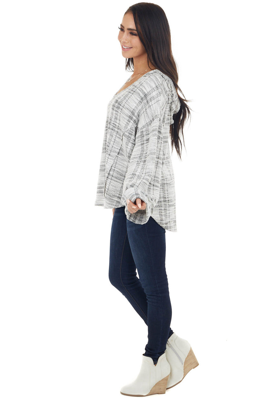 Black and Ivory Long Loose Sleeve Knit Top with Hood