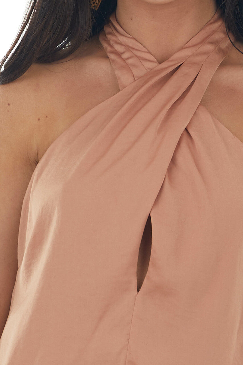 Sandstone Halter Criss Cross Neck Satin Dress 