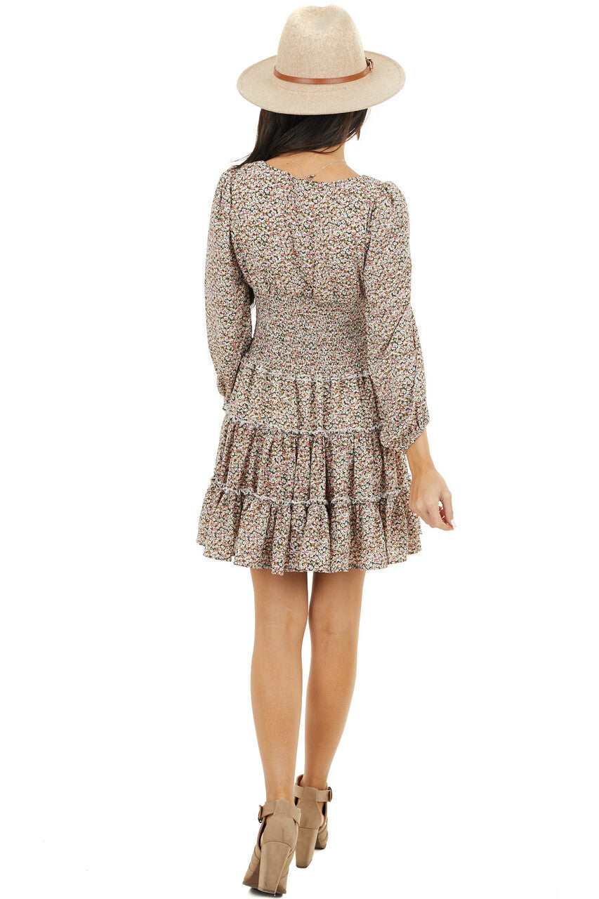 Pine Floral Print Ruffle Tiered Dress with Smocked Waist 