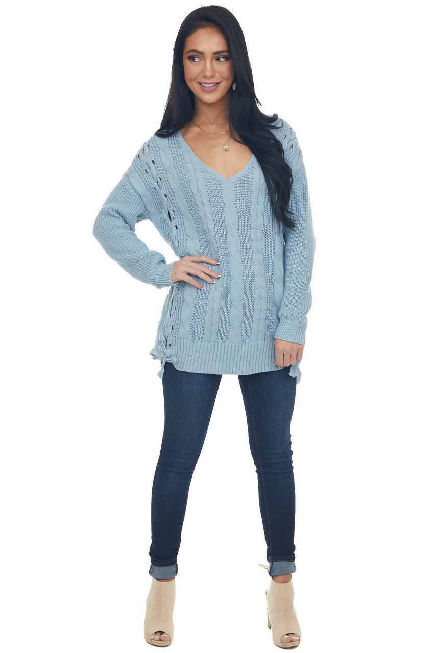 Powder Blue V Neck Loose Cable Knit Sweater