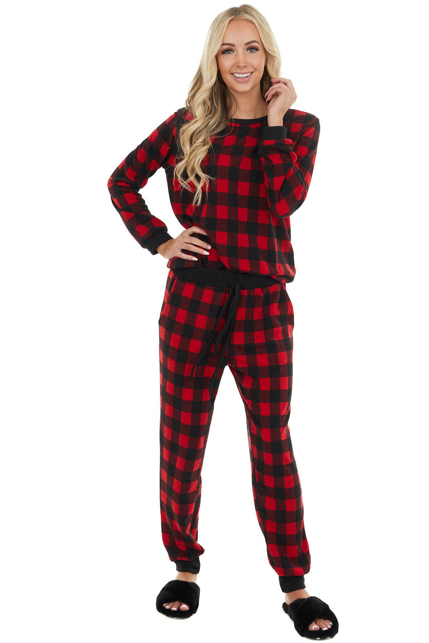 Cranberry Red and Black Buffalo Plaid Long Sleeve Knit Top