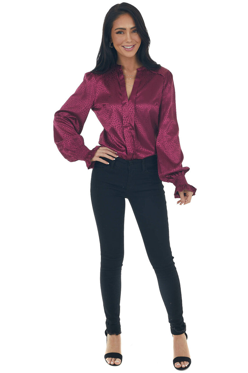 Burgundy Animal Print Notch Neck Satin Blouse