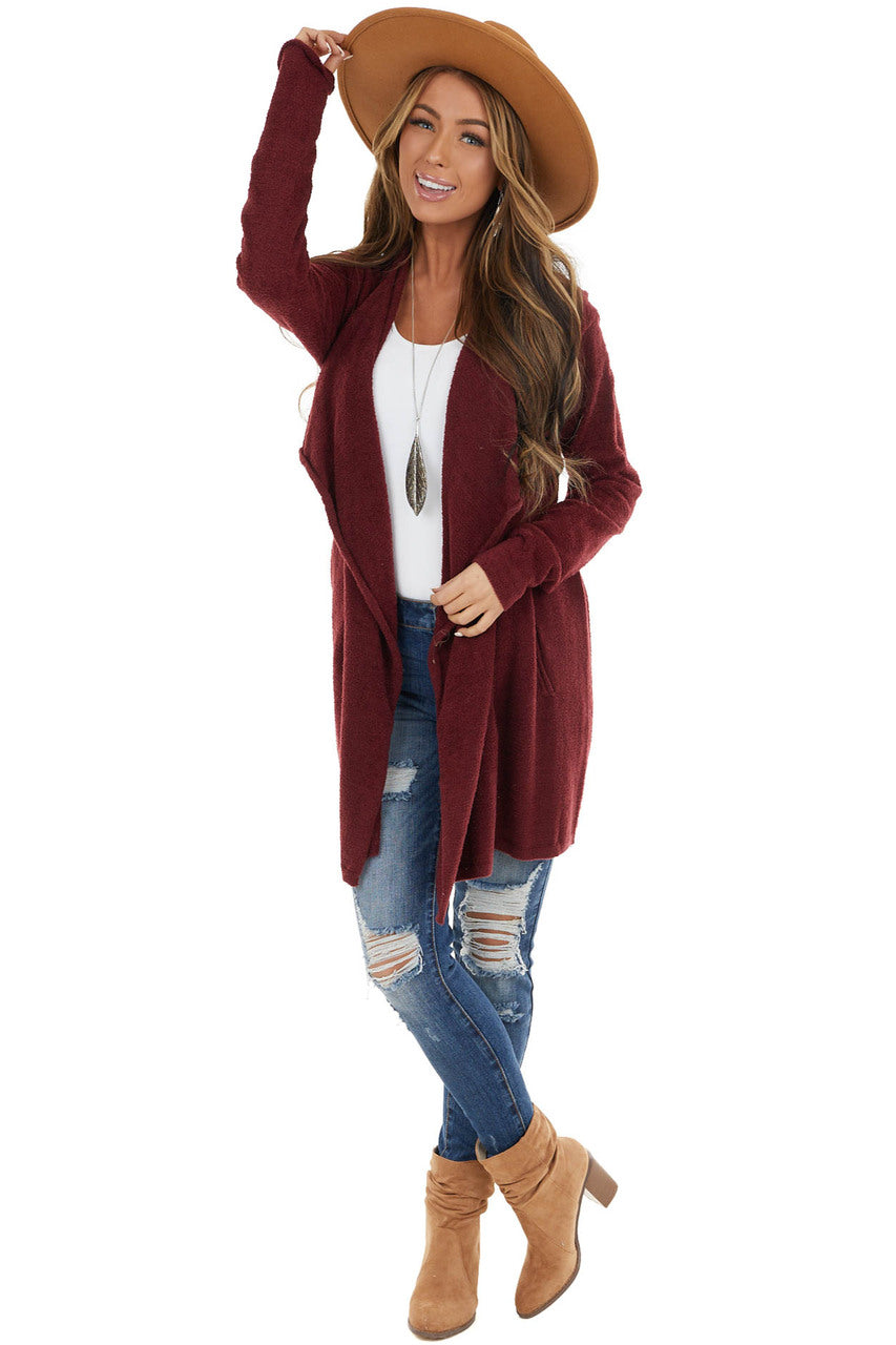 Wine Super Soft Fuzzy Open Front Cardigan with Pockets