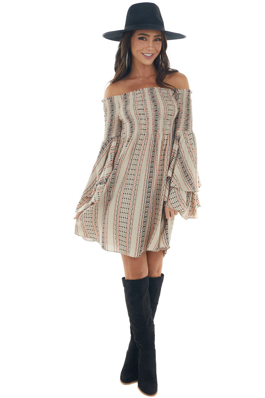 Coral Striped Off the Shoulder Smocked Dress 