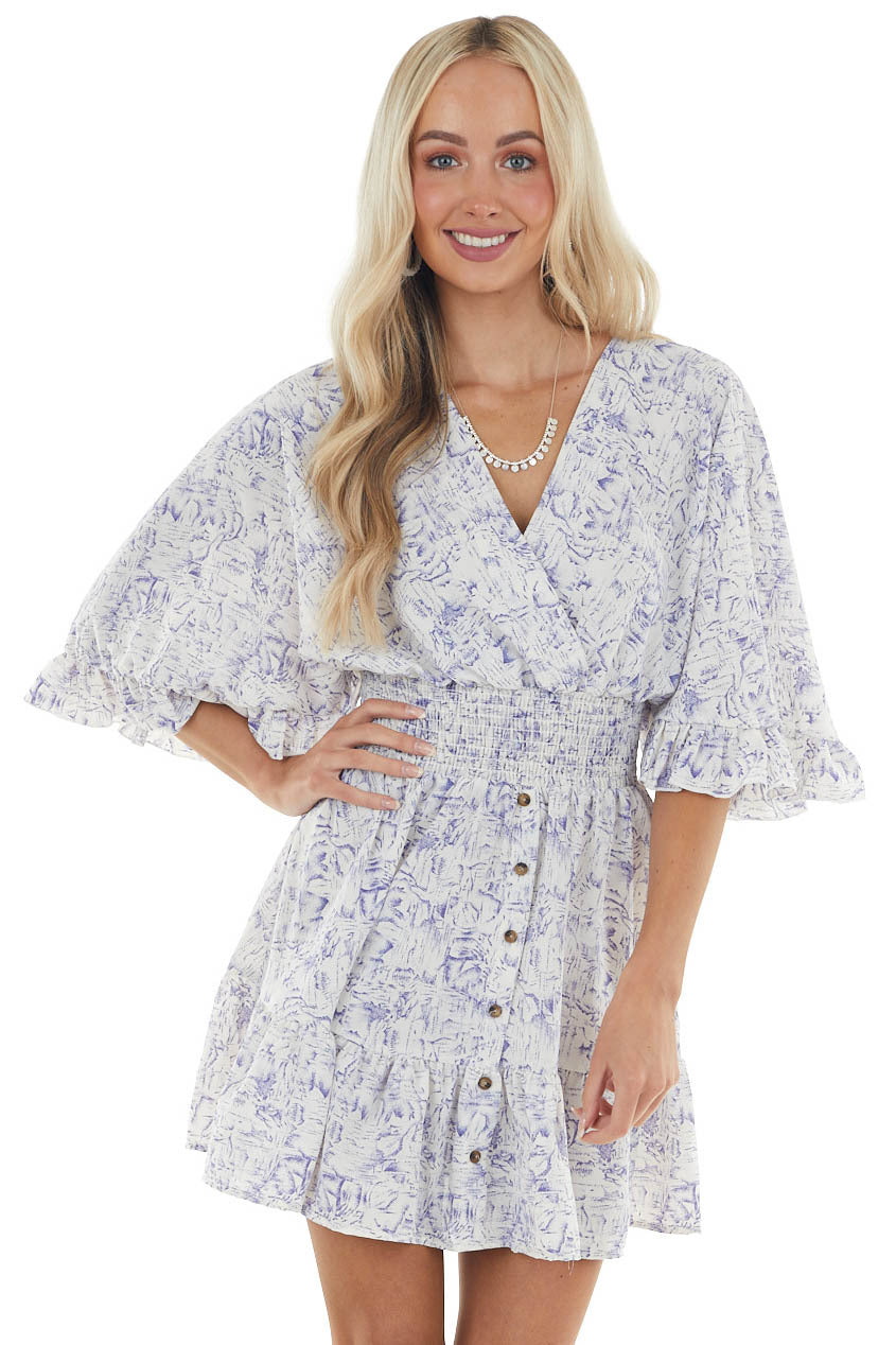 Pearl and Navy Abstract Print Short Woven Dress with Ruffles