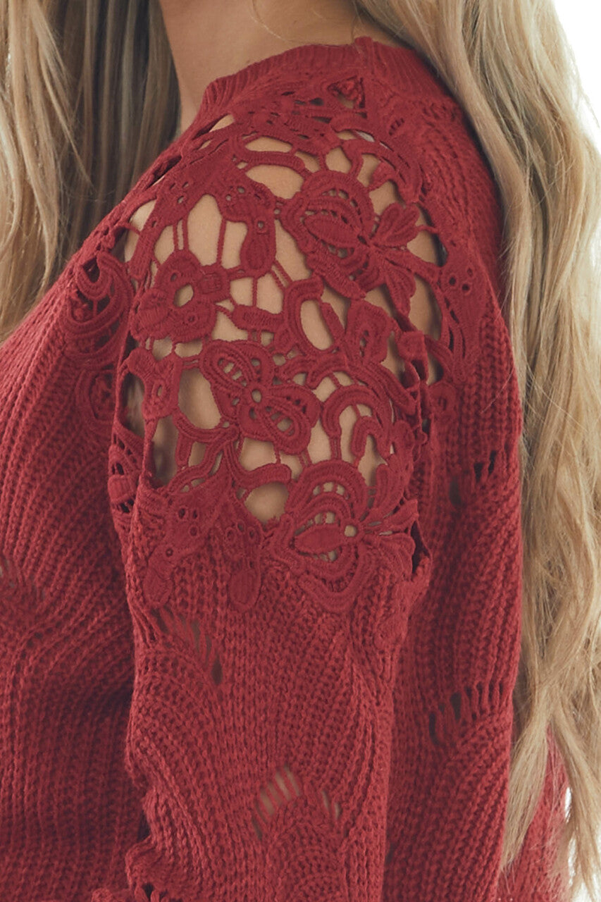 Pomegranate Pointelle Lace Shoulder Sweater 