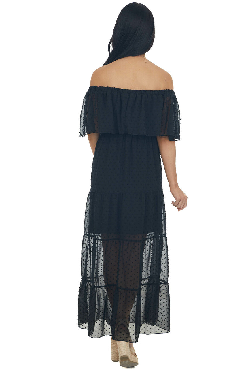 Black Swiss Dot Ruffled Off the Shoulder Maxi Dress
