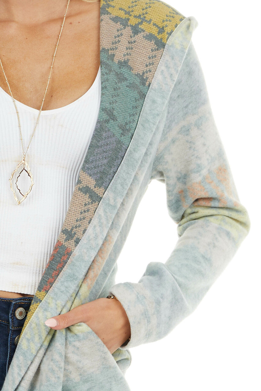 Faded Sage Multicolor Plaid Open Front Cardigan with Hood