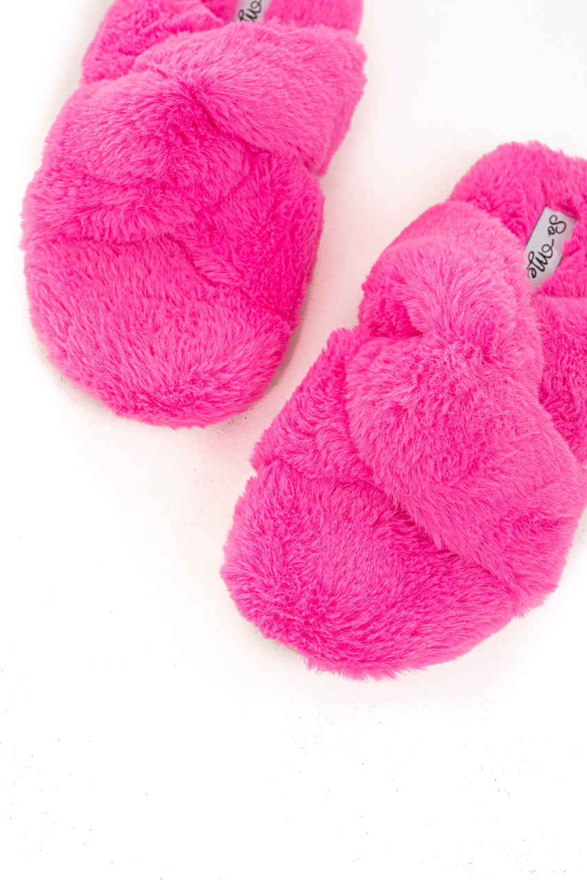Hot Pink Fuzzy Soft Sandal Slippers with Criss Cross Details
