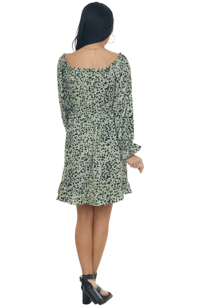 Sage Cheetah Smocked Off Shoulder Dress 