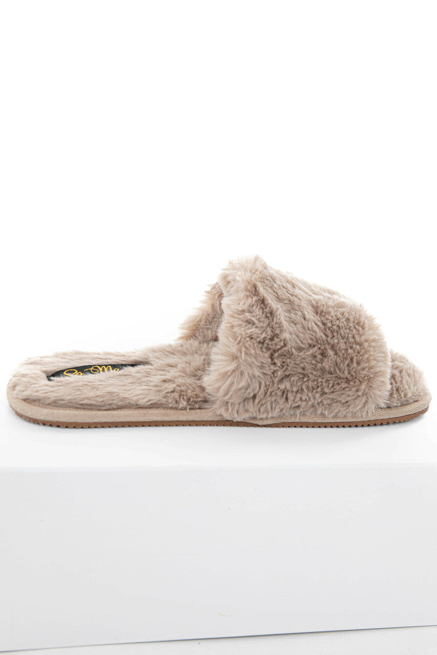Taupe Fuzzy Faux Fur Slipper with Foam Sole