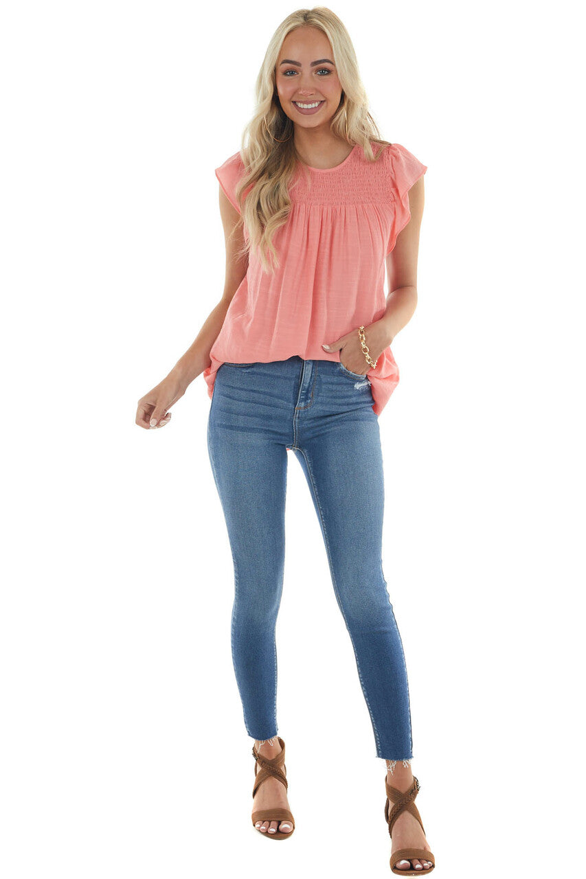 Coral Smocked Cap Sleeve Woven Blouse