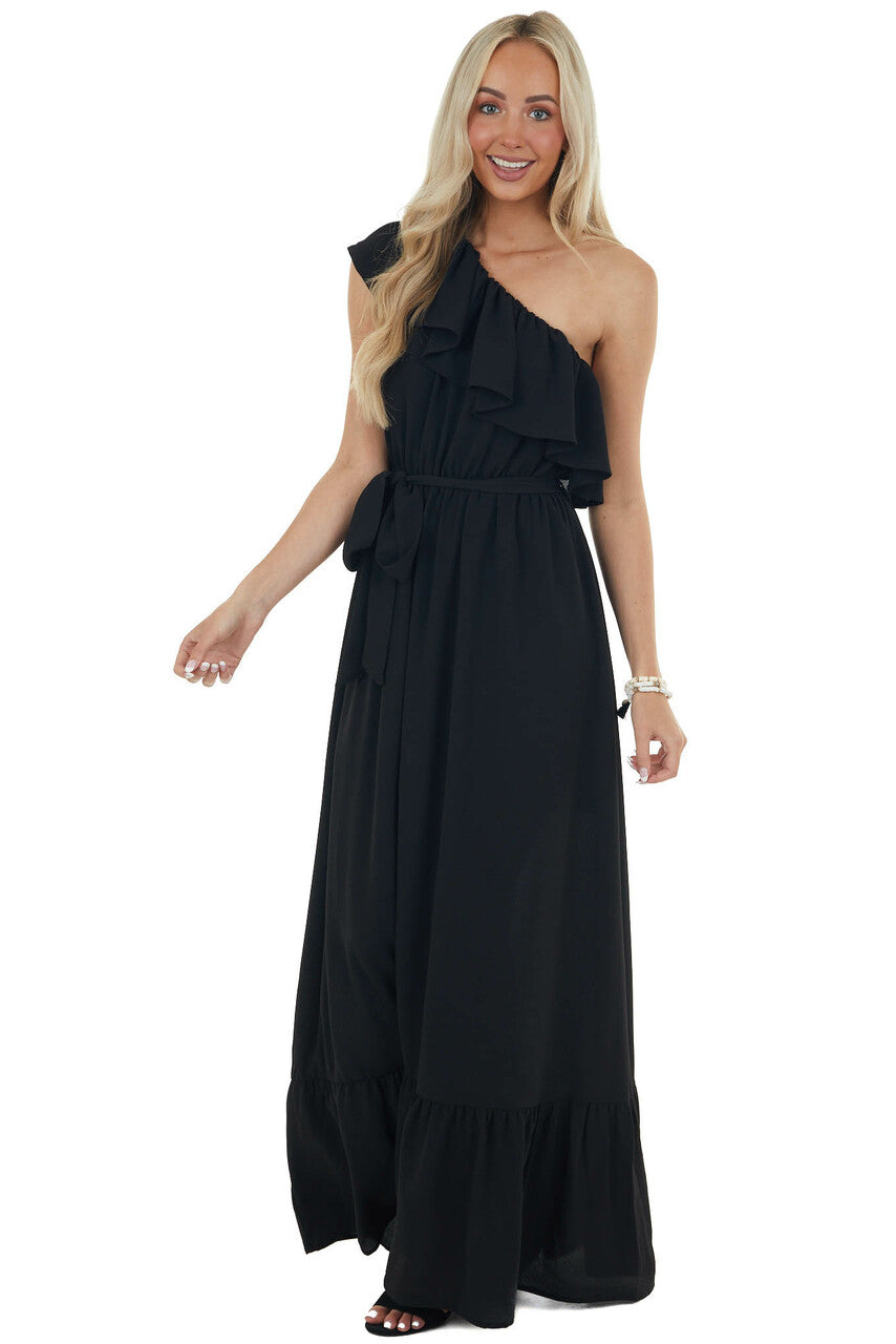 Black Elastic Off Shoulder Ruffle Maxi Dress
