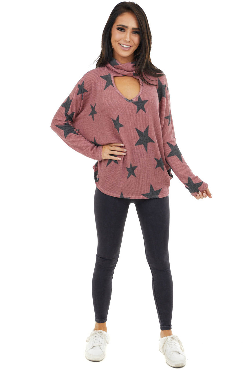 Light Wine Star Print Top with Cowl Neck and V Cutout Detail 