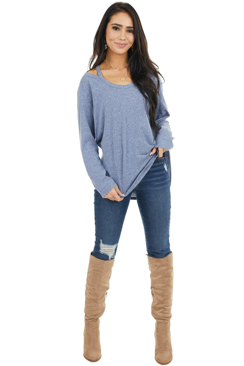 Dusty Blue Shoulder Cutout Long Sleeve Stretchy Knit Top