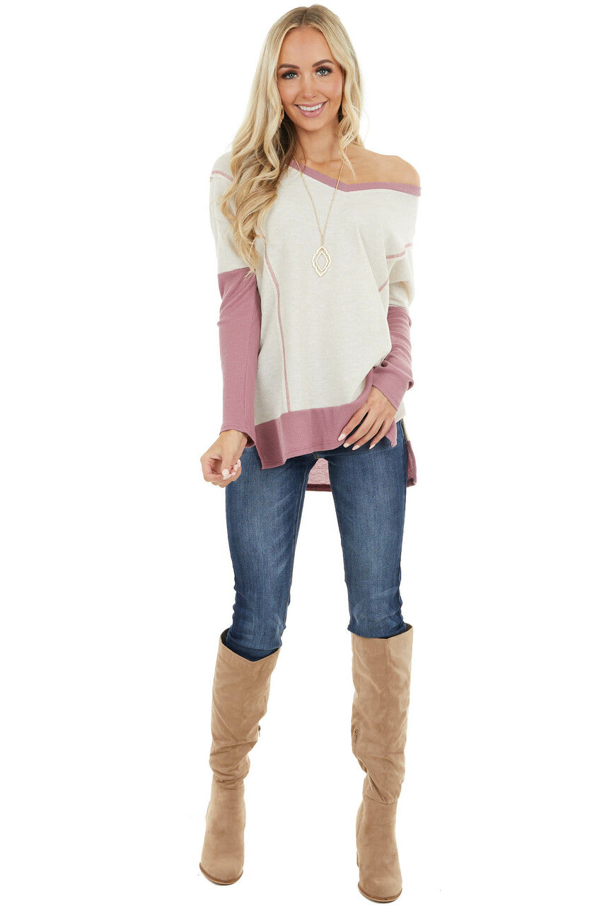 Cream and Mauve Contrast Waffle Knit V Neck Top