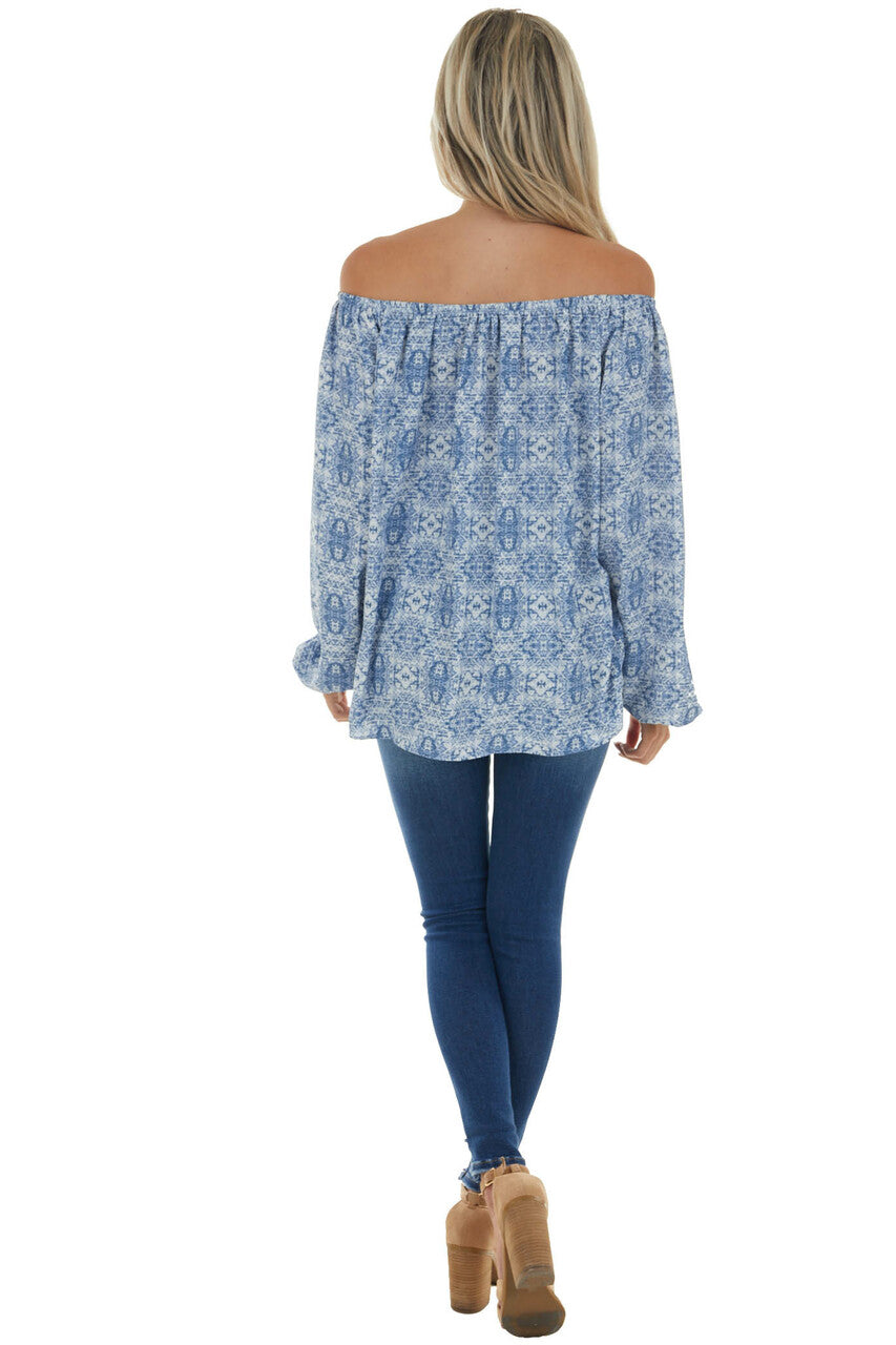 Ocean Blue Printed Off Shoulder Blouse