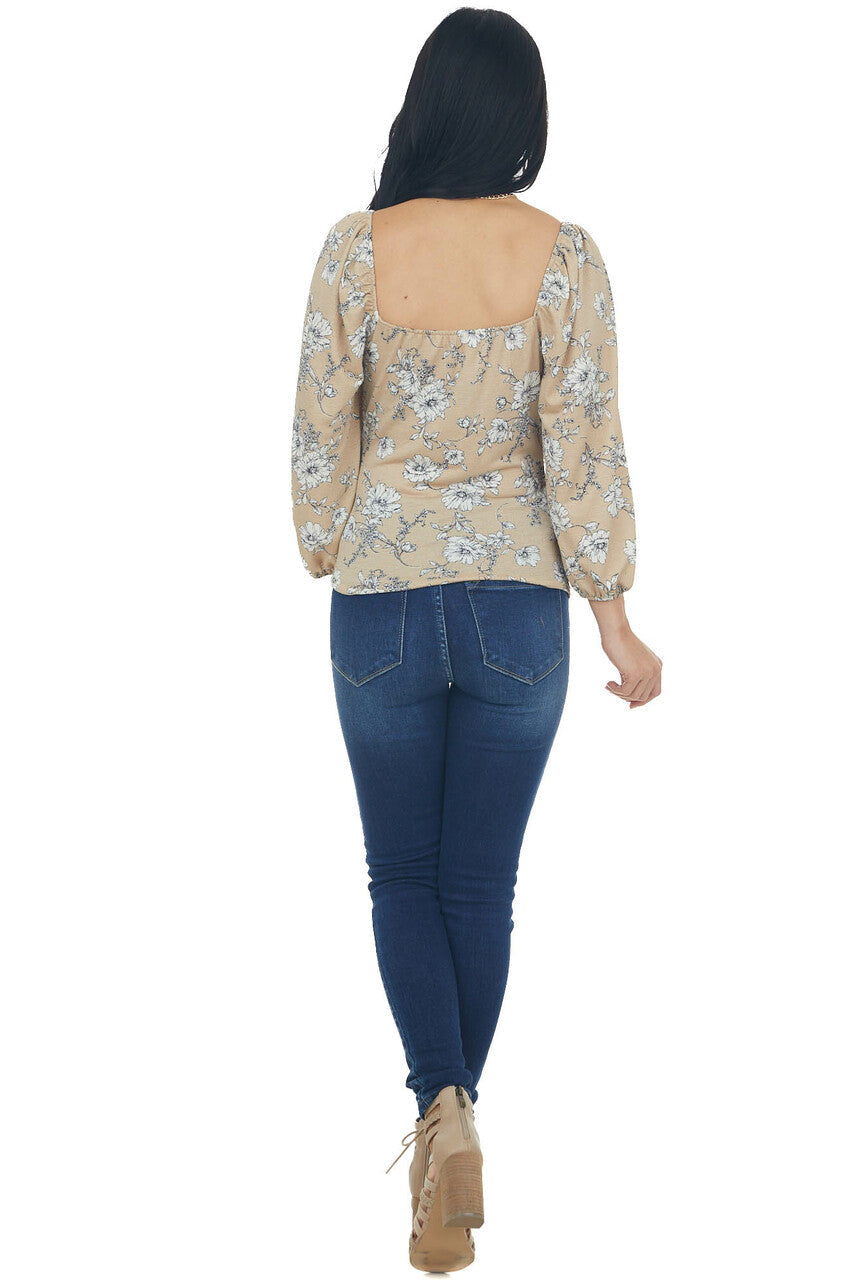 Oatmeal and Ivory Floral Peasant Sleeve Top