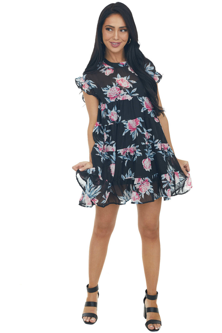 Black Floral Print Short Sleeve Tiered Babydoll Short Dress