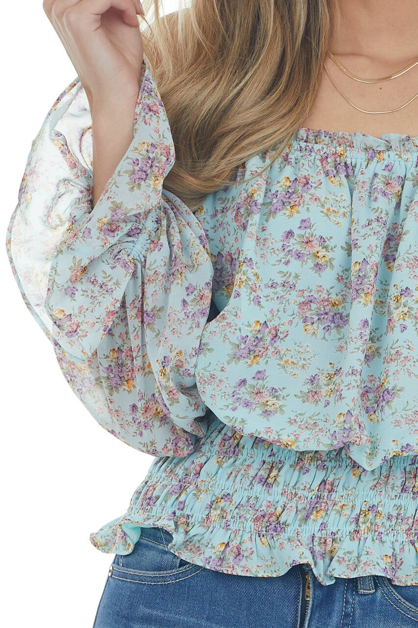 Arctic Blue Floral Print Smocked Waist Blouse