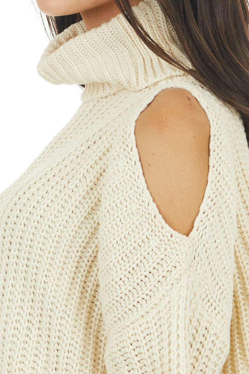 Cream Long Sleeve Knit Sweater with Cold Shoulder