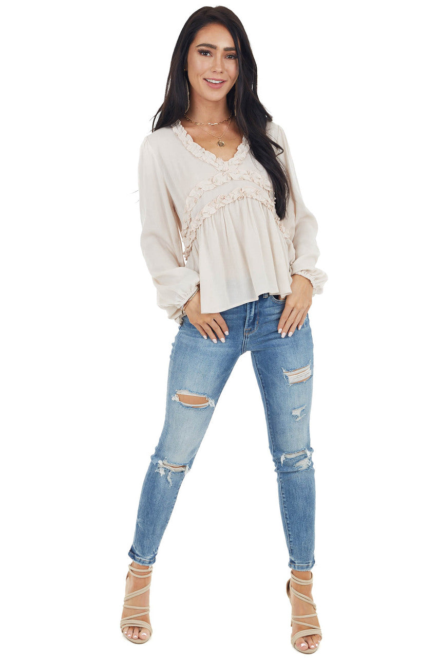 Oatmeal Long Puff Sleeve Babydoll Top with Ruffle Detail