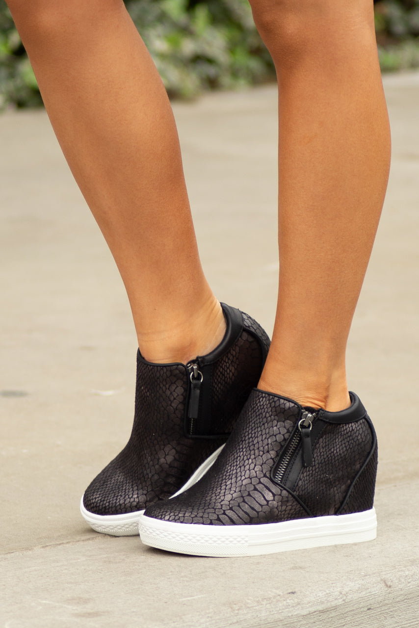 Black Snakeskin Print Textured Wedge Sneaker with Zippers