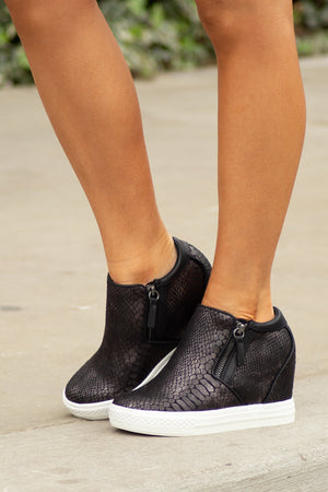 Black Snakeskin Print Textured Wedge Sneaker with Zippers