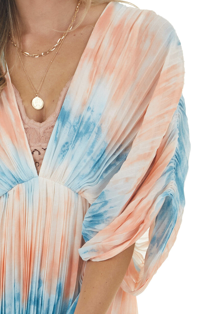 Cobalt and Salmon Tie Dye Pleated Woven Maxi Dress