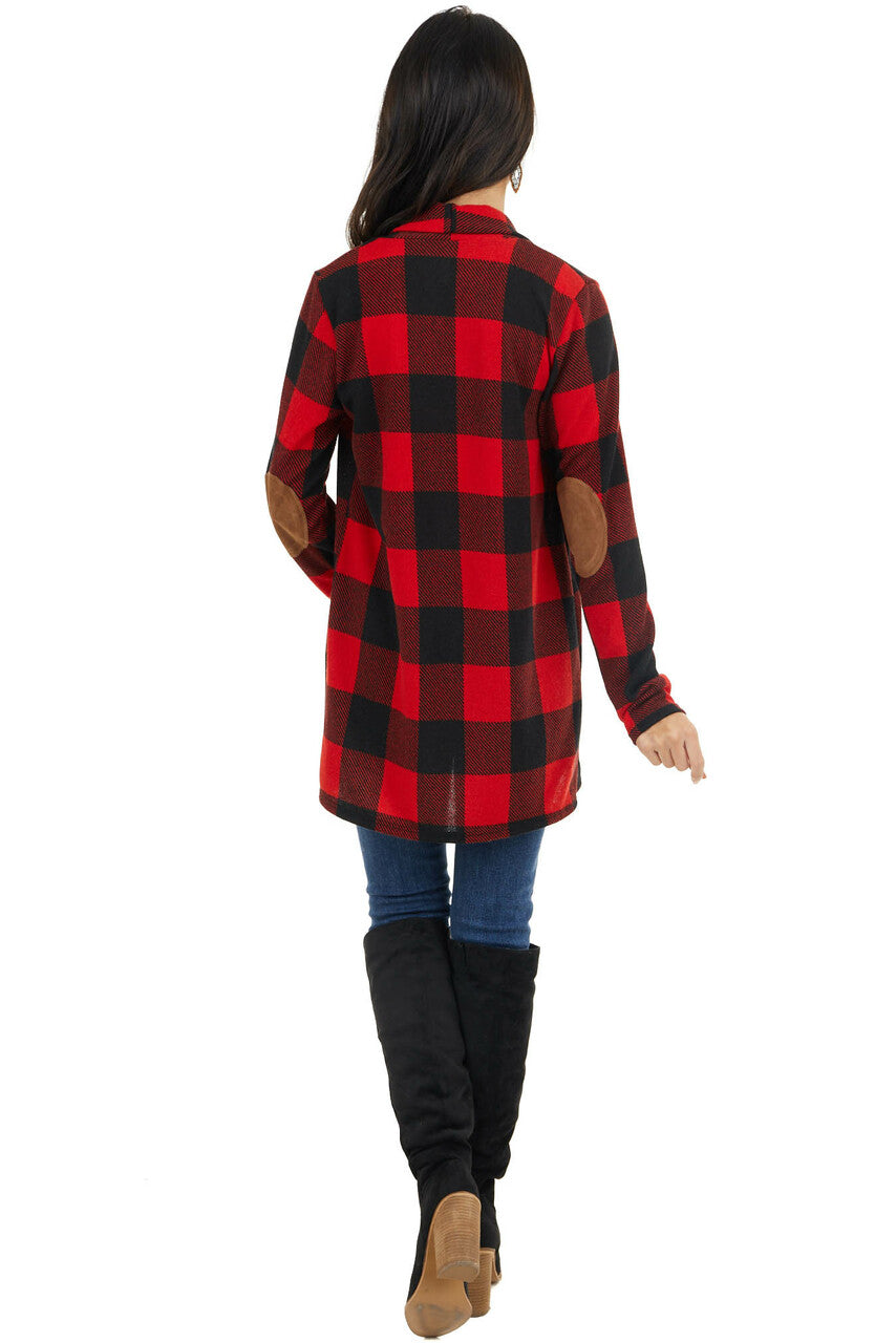 Crimson and Black Buffalo Plaid Cardigan with Elbow Patches