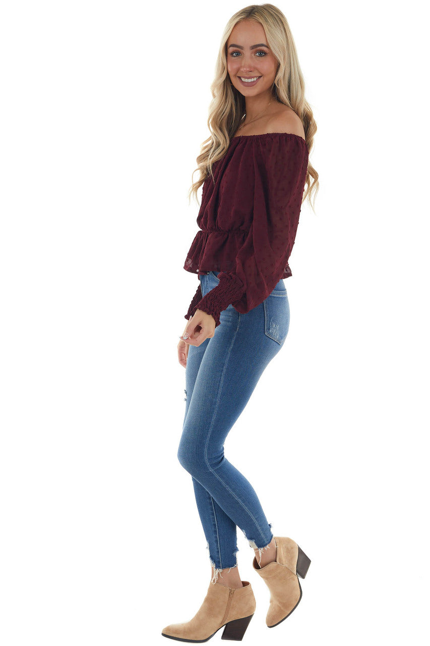 Mahogany Long Sleeve Peplum Swiss Dot Blouse