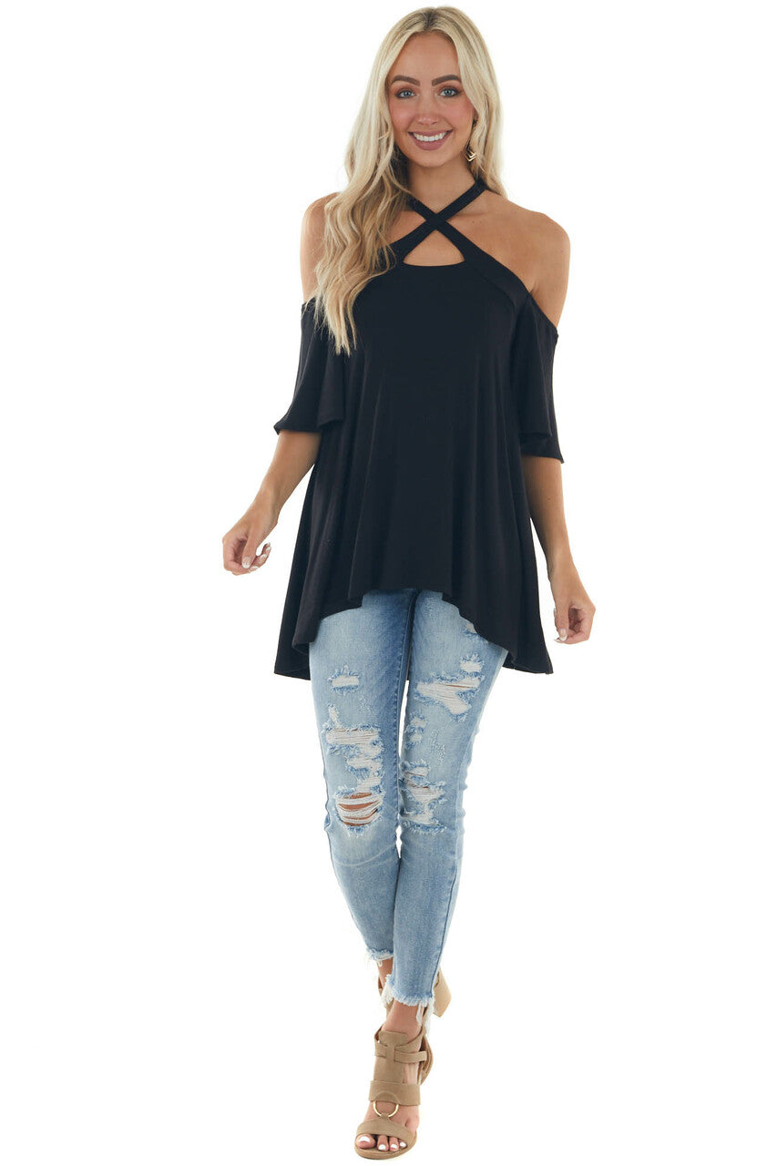 Black Flutter Sleeve Cold Shoulder Halter Top