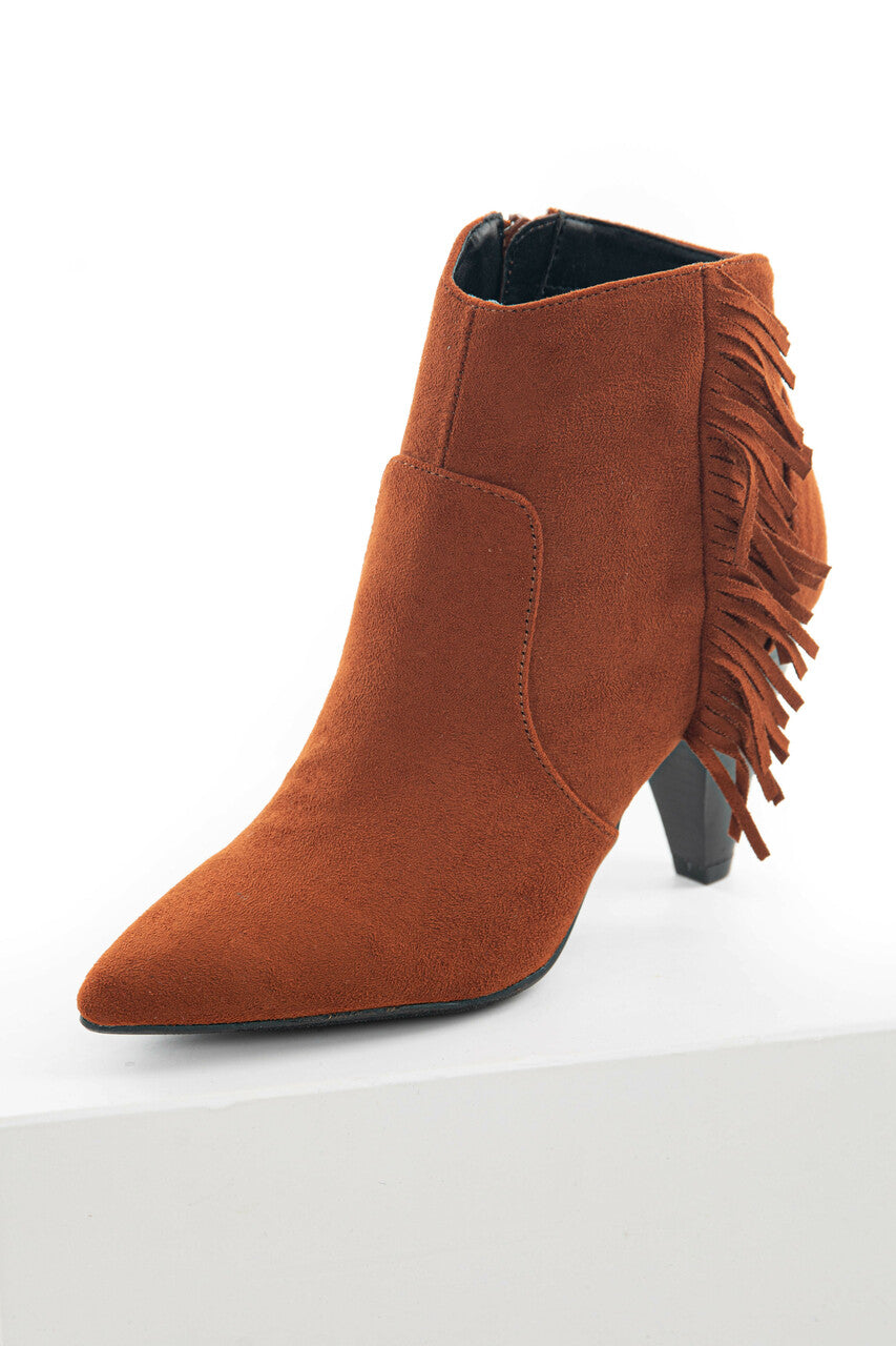 Dark Rust Faux Suede Bootie with Fringe Detail 