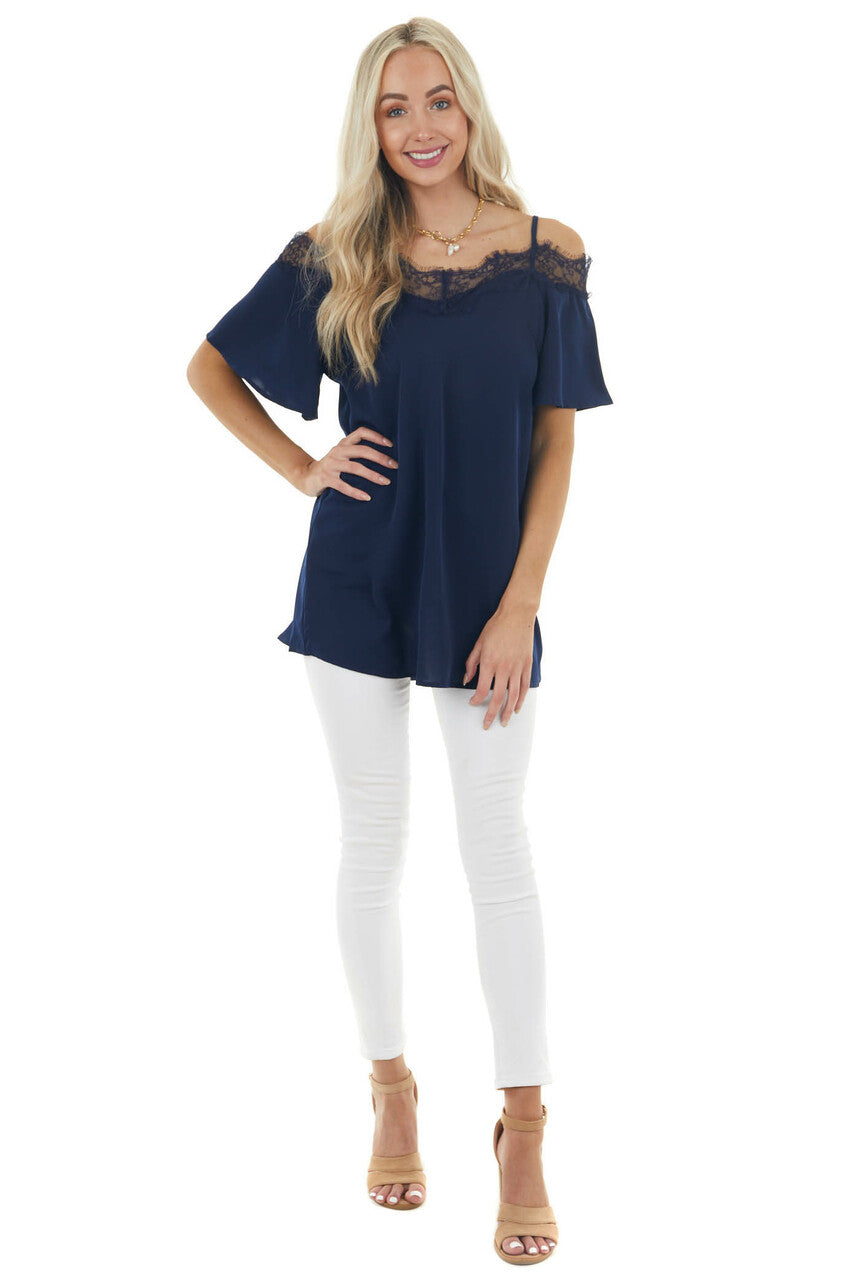 Navy Blue Cold Shoulder Short Sleeve Blouse with Lace
