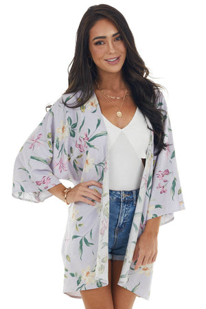 Lavender Floral Print Kimono with High Low Hem