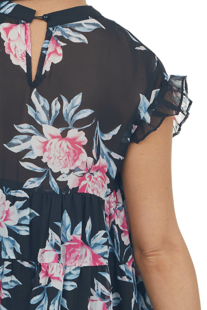 Black Floral Print Short Sleeve Tiered Babydoll Short Dress