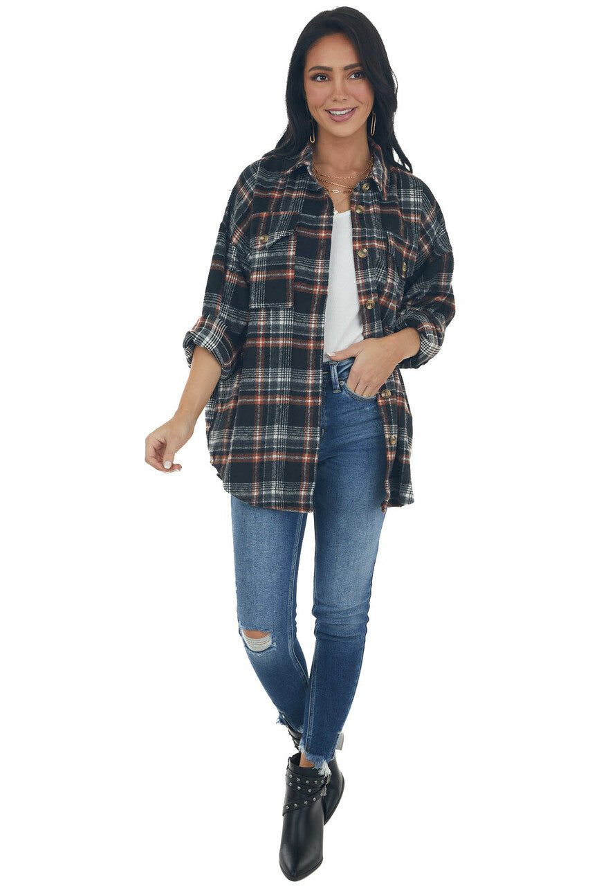 Black and Pumpkin Plaid Button Up Top 
