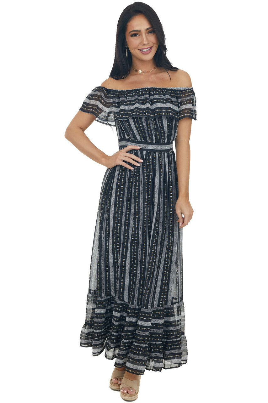 Black Multi Print Off Shoulder Maxi Dress with Ruffle Detail