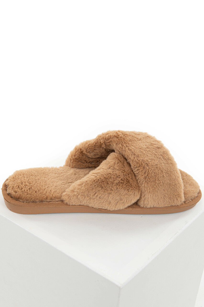 Camel Super Soft Fuzzy Slippers with Criss Cross Straps