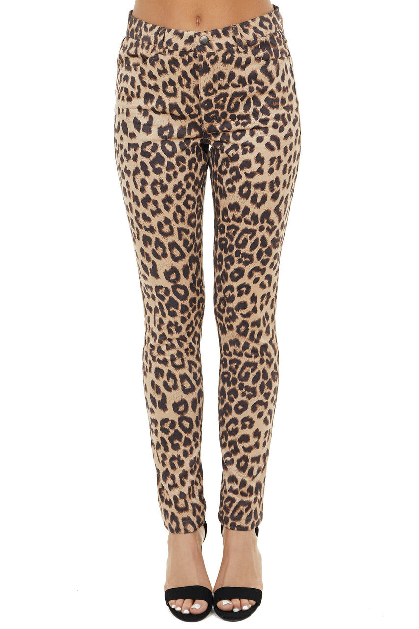 Latte Leopard Print High Waisted Skinny Pants with Pockets