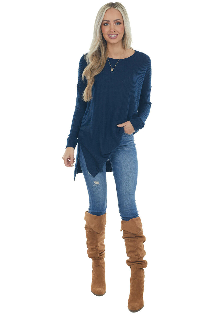 Navy Blue Tunic Length Brushed Waffle Knit Top