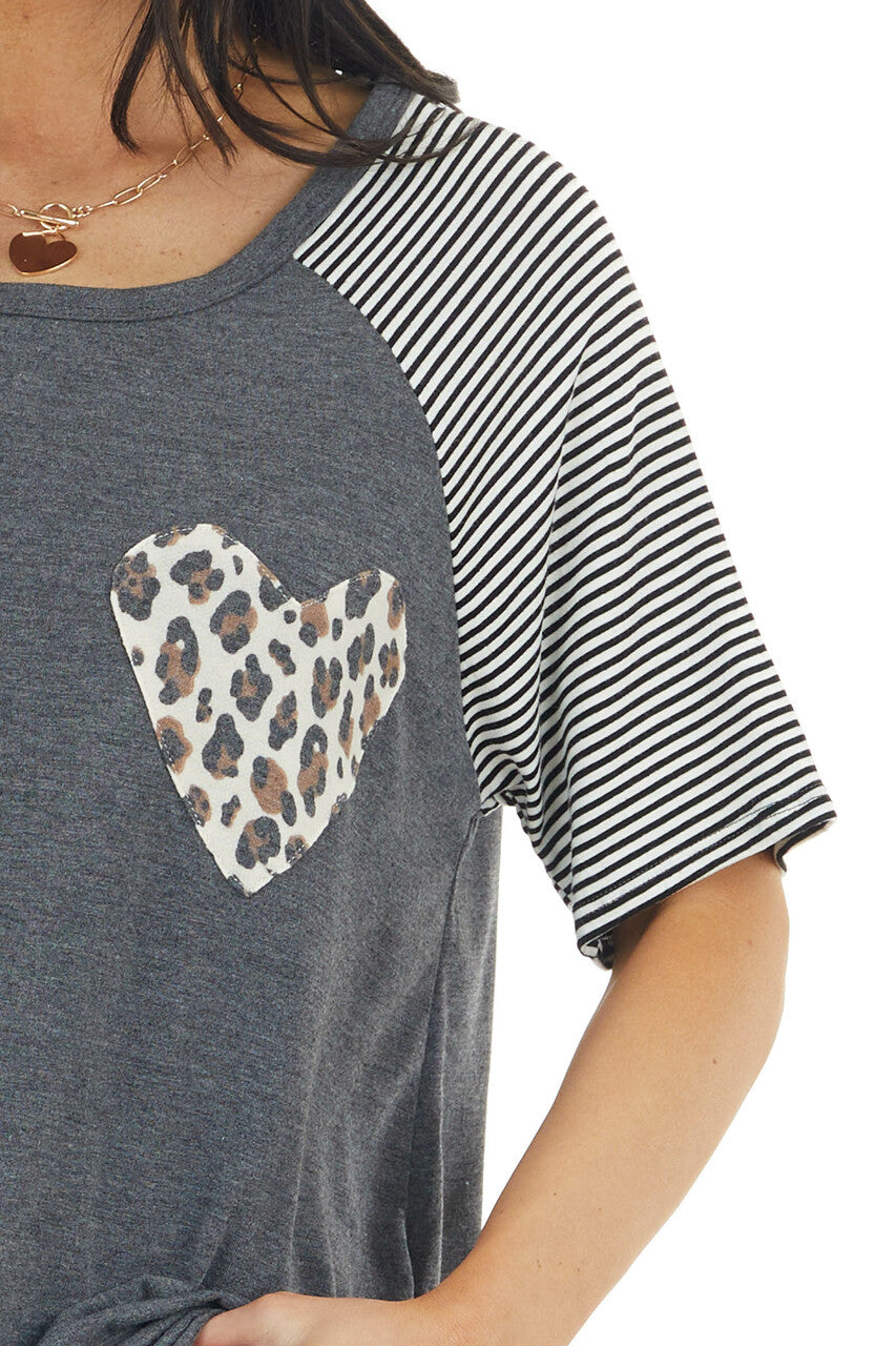 Charcoal Striped Sleeve Knit Tee with Leopard Print Heart