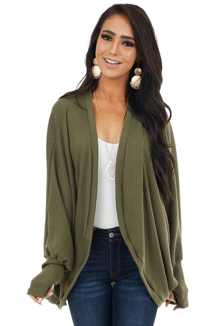 Olive Waffle Knit Open Front Cardigan with Dolman Sleeves